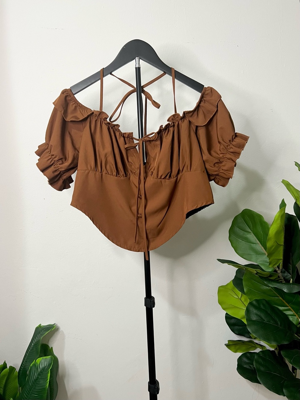 Brown Off-Shoulder Puff Sleeve Crop Top